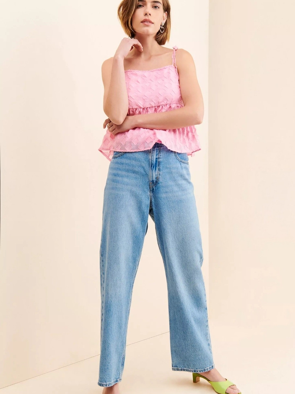 Pink Textured Tie-Shoulder Tank Top